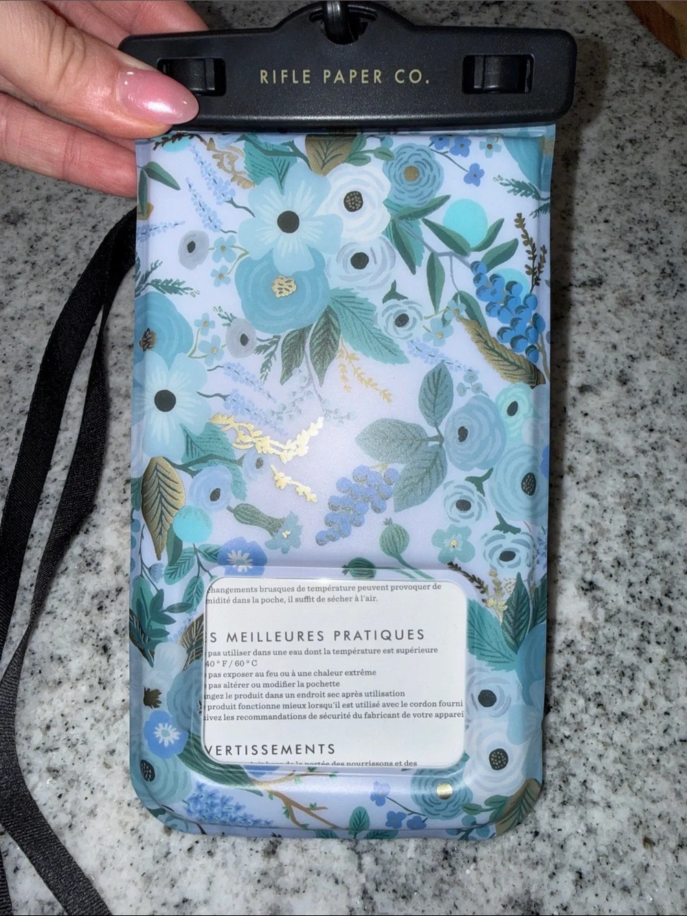 Rifle Paper Co. Floral Waterproof Phone Pouch - Light Blue & Gold Accents
